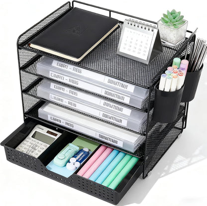 LEKETREE Desk Organizers and Accessories, 5-Tier Paper Letter Tray Organizer with File Holder, Desktop Organizer for Office Supplies (Black)