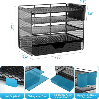 LEKETREE Desk Organizers and Accessories, 5-Tier Paper Letter Tray Organizer with File Holder, Desktop Organizer for Office Supplies (Black)