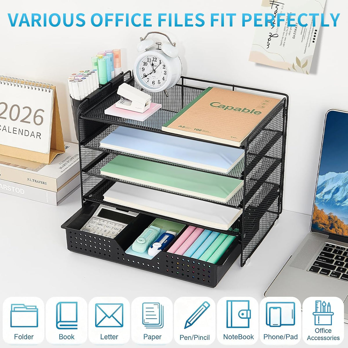 LEKETREE Desk Organizers and Accessories, 5-Tier Paper Letter Tray Organizer with File Holder, Desktop Organizer for Office Supplies (Black)