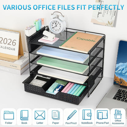 LEKETREE Desk Organizers and Accessories, 5-Tier Paper Letter Tray Organizer with File Holder, Desktop Organizer for Office Supplies (Black)