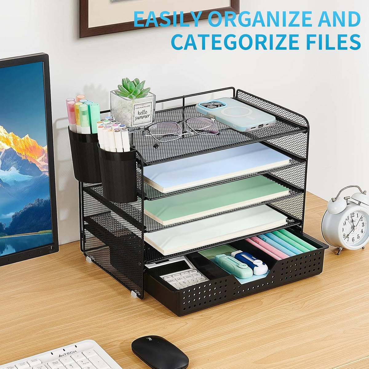 LEKETREE Desk Organizers and Accessories, 5-Tier Paper Letter Tray Organizer with File Holder, Desktop Organizer for Office Supplies (Black)
