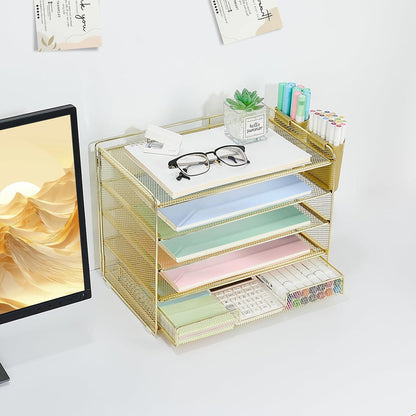 LEKETREE Desk Organizers and Accessories, 5-Tier Paper Letter Tray Organizer with File Holder, Desktop Organizer for Office Supplies (Black)