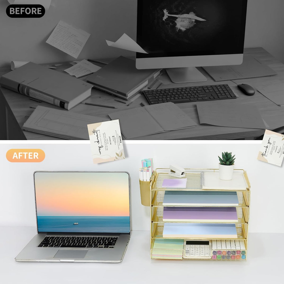 LEKETREE Desk Organizers and Accessories, 5-Tier Paper Letter Tray Organizer with File Holder, Desktop Organizer for Office Supplies (Black)