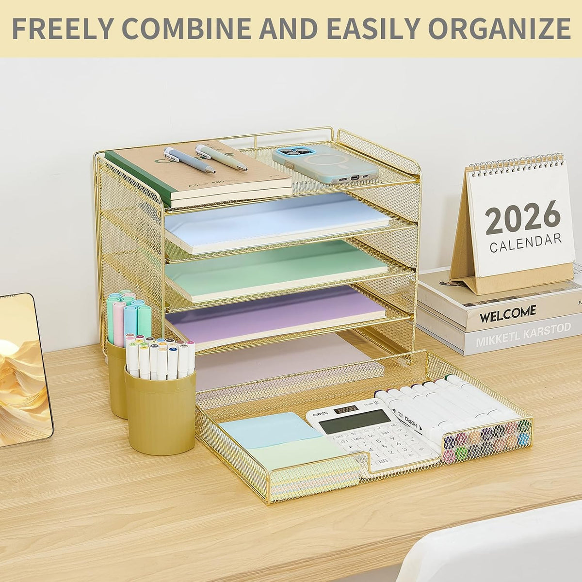 LEKETREE Desk Organizers and Accessories, 5-Tier Paper Letter Tray Organizer with File Holder, Desktop Organizer for Office Supplies (Black)