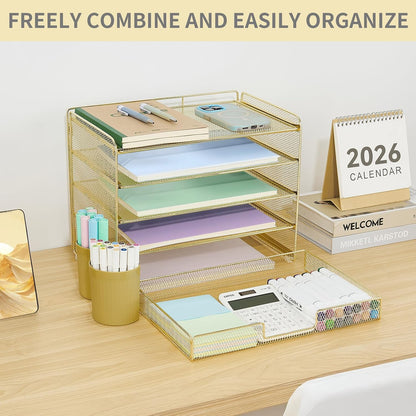 LEKETREE Desk Organizers and Accessories, 5-Tier Paper Letter Tray Organizer with File Holder, Desktop Organizer for Office Supplies (Black)