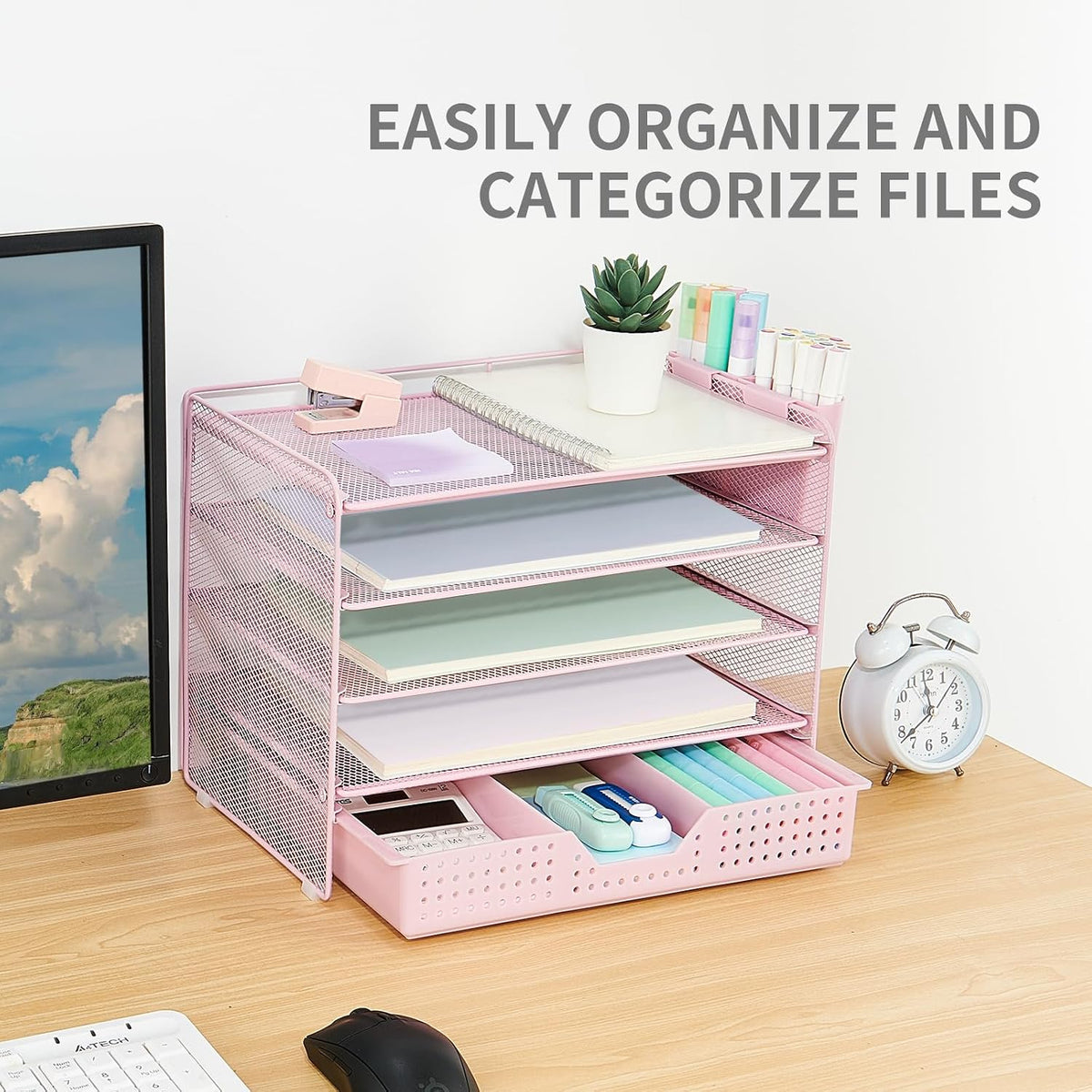 LEKETREE Desk Organizers and Accessories, 5-Tier Paper Letter Tray Organizer with File Holder, Desktop Organizer for Office Supplies (Black)