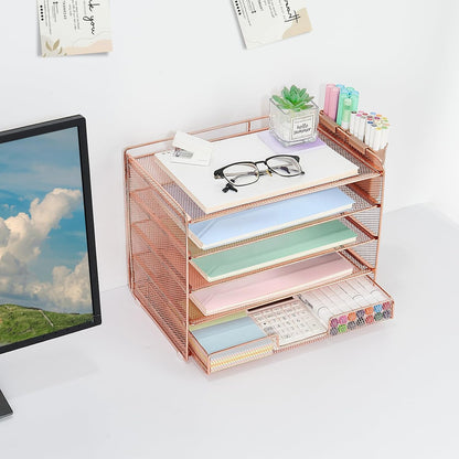 LEKETREE Desk Organizers and Accessories, 5-Tier Paper Letter Tray Organizer with File Holder, Desktop Organizer for Office Supplies (Black)