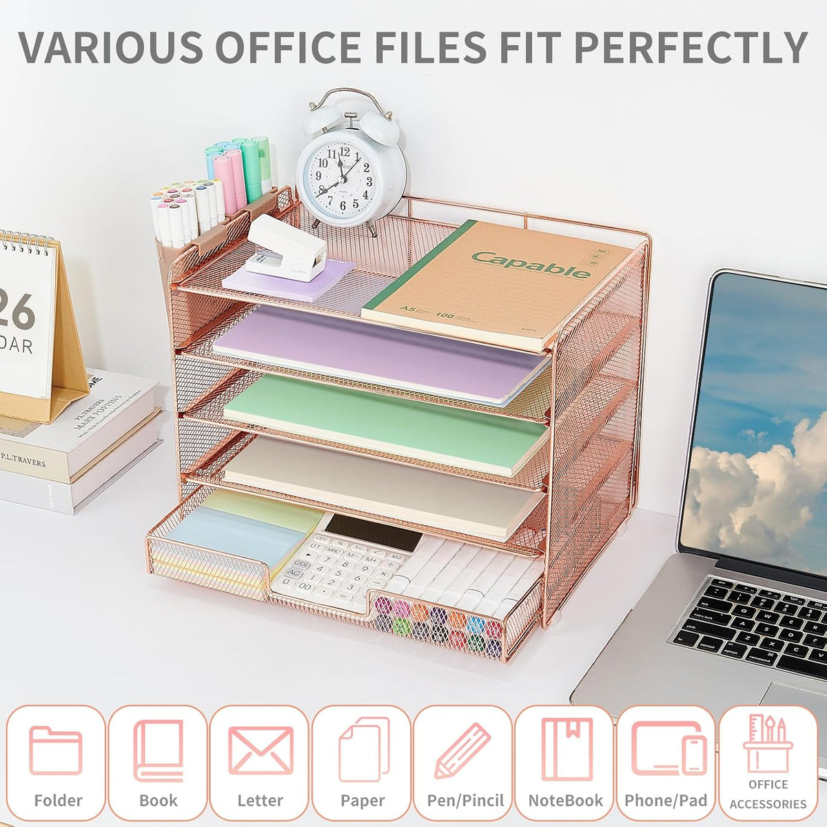 LEKETREE Desk Organizers and Accessories, 5-Tier Paper Letter Tray Organizer with File Holder, Desktop Organizer for Office Supplies (Black)