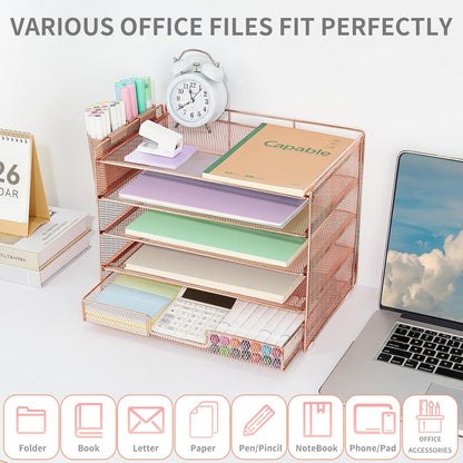 LEKETREE Desk Organizers and Accessories, 5-Tier Paper Letter Tray Organizer with File Holder, Desktop Organizer for Office Supplies (Black)