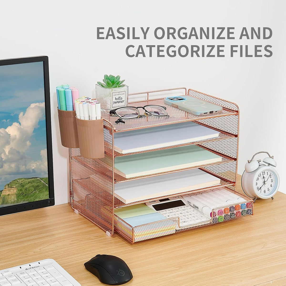 LEKETREE Desk Organizers and Accessories, 5-Tier Paper Letter Tray Organizer with File Holder, Desktop Organizer for Office Supplies (Black)