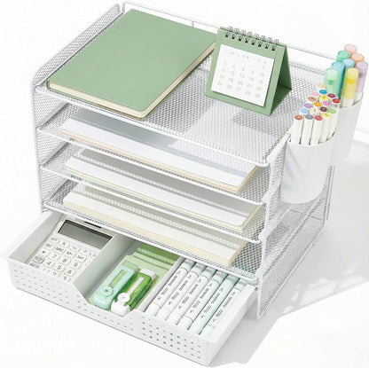 LEKETREE Desk Organizers and Accessories, 5-Tier Paper Letter Tray Organizer with File Holder, Desktop Organizer for Office Supplies (Black)