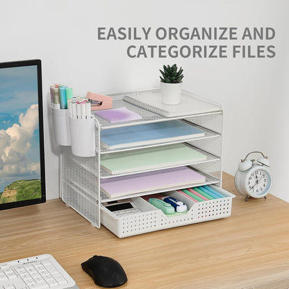 LEKETREE Desk Organizers and Accessories, 5-Tier Paper Letter Tray Organizer with File Holder, Desktop Organizer for Office Supplies (Black)