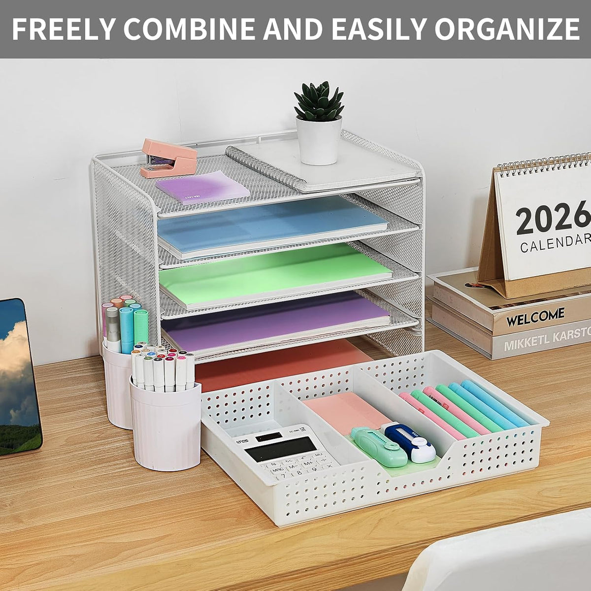 LEKETREE Desk Organizers and Accessories, 5-Tier Paper Letter Tray Organizer with File Holder, Desktop Organizer for Office Supplies (Black)