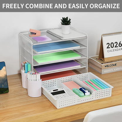 LEKETREE Desk Organizers and Accessories, 5-Tier Paper Letter Tray Organizer with File Holder, Desktop Organizer for Office Supplies (Black)
