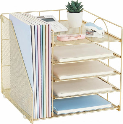 LEKETREE Desk Organizers and Accessories, 5-Tier Paper Letter Tray Organizer with File Holder, Desktop Organizer for Office Supplies (Black)