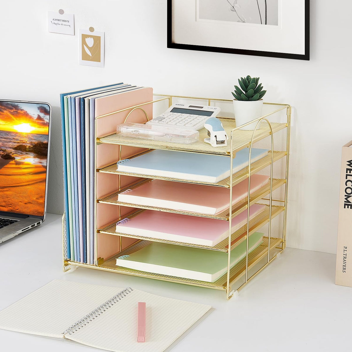 LEKETREE Desk Organizers and Accessories, 5-Tier Paper Letter Tray Organizer with File Holder, Desktop Organizer for Office Supplies (Black)