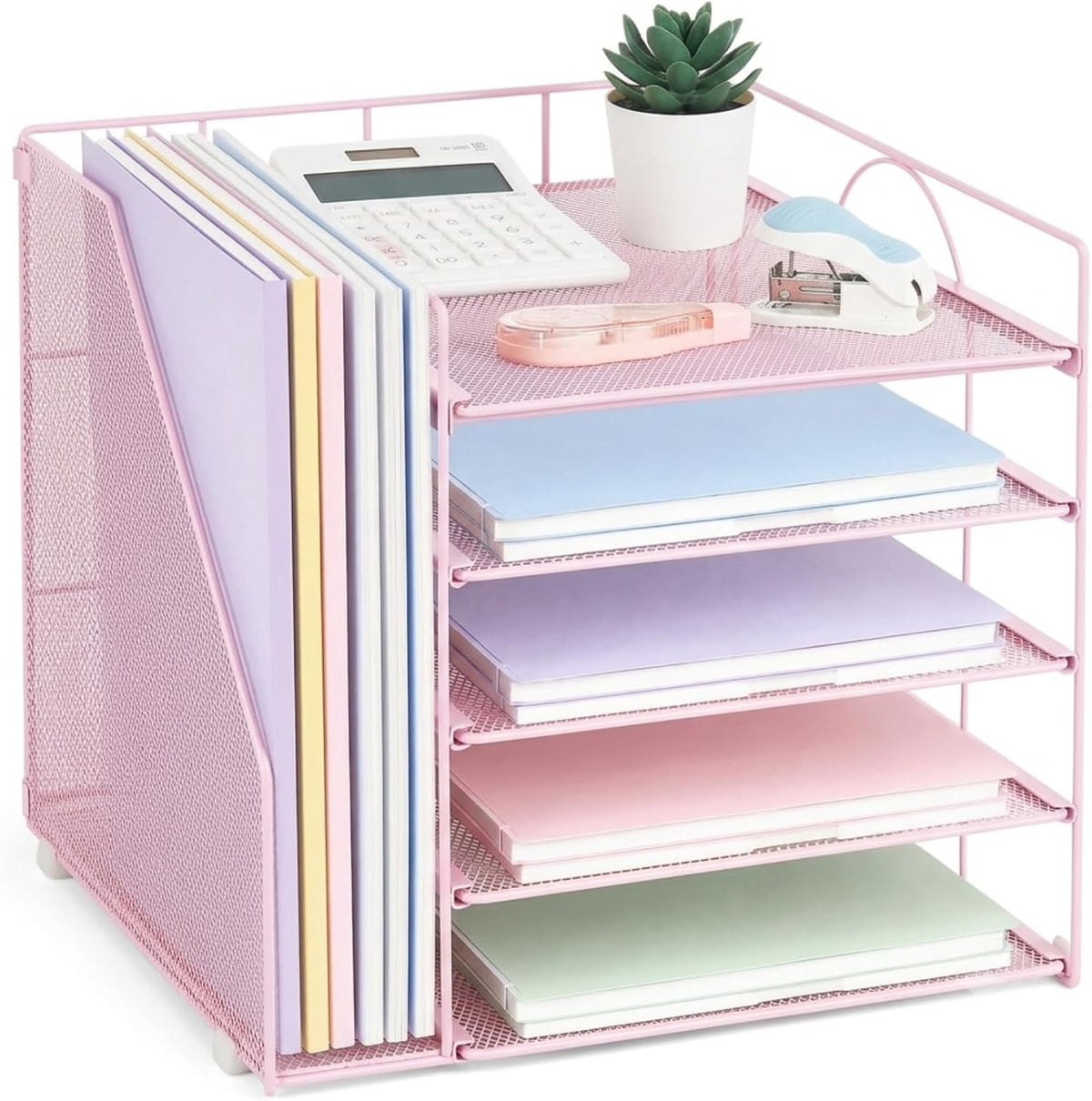 LEKETREE Desk Organizers and Accessories, 5-Tier Paper Letter Tray Organizer with File Holder, Desktop Organizer for Office Supplies (Black)