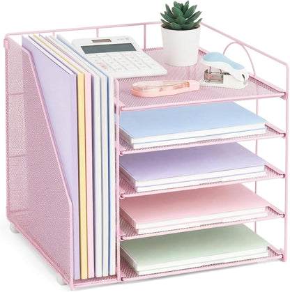 LEKETREE Desk Organizers and Accessories, 5-Tier Paper Letter Tray Organizer with File Holder, Desktop Organizer for Office Supplies (Black)