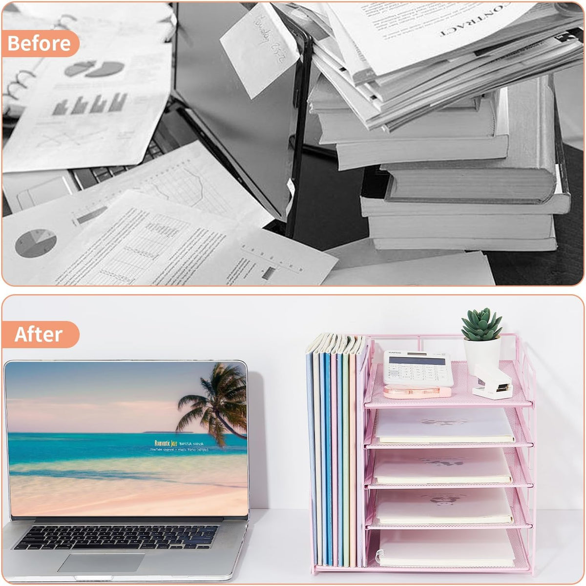 LEKETREE Desk Organizers and Accessories, 5-Tier Paper Letter Tray Organizer with File Holder, Desktop Organizer for Office Supplies (Black)