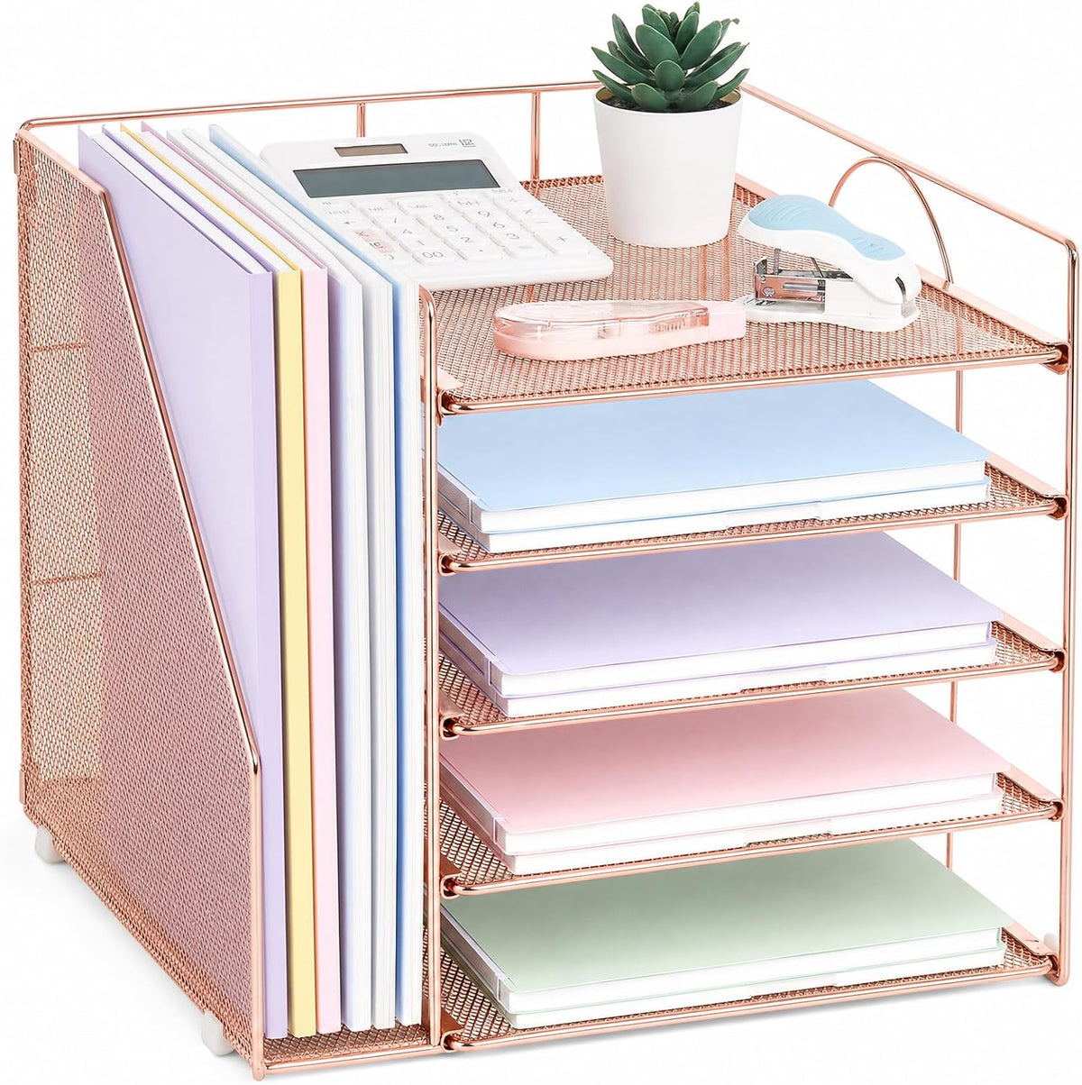 LEKETREE Desk Organizers and Accessories, 5-Tier Paper Letter Tray Organizer with File Holder, Desktop Organizer for Office Supplies (Black)