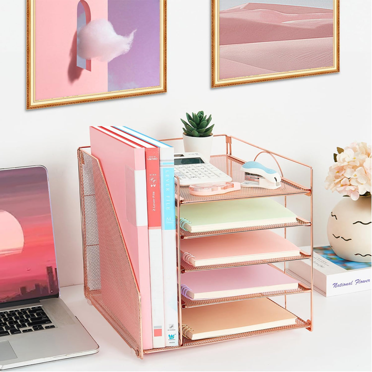LEKETREE Desk Organizers and Accessories, 5-Tier Paper Letter Tray Organizer with File Holder, Desktop Organizer for Office Supplies (Black)