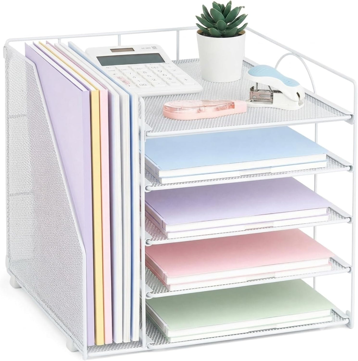 LEKETREE Desk Organizers and Accessories, 5-Tier Paper Letter Tray Organizer with File Holder, Desktop Organizer for Office Supplies (Black)