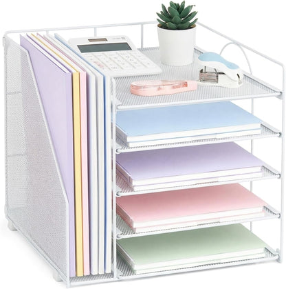 LEKETREE Desk Organizers and Accessories, 5-Tier Paper Letter Tray Organizer with File Holder, Desktop Organizer for Office Supplies (Black)