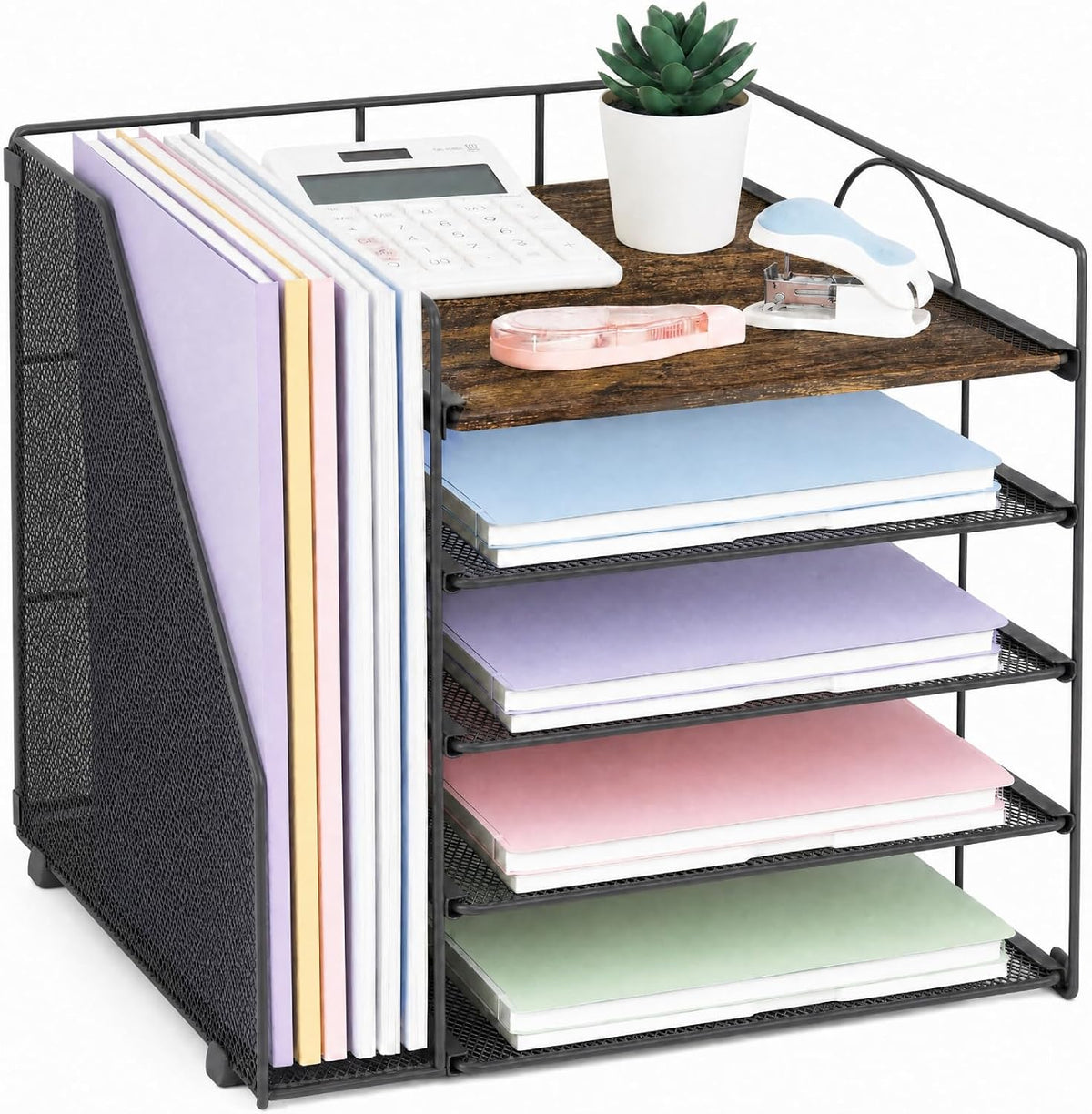 LEKETREE Desk Organizers and Accessories, 5-Tier Paper Letter Tray Organizer with File Holder, Desktop Organizer for Office Supplies (Black)