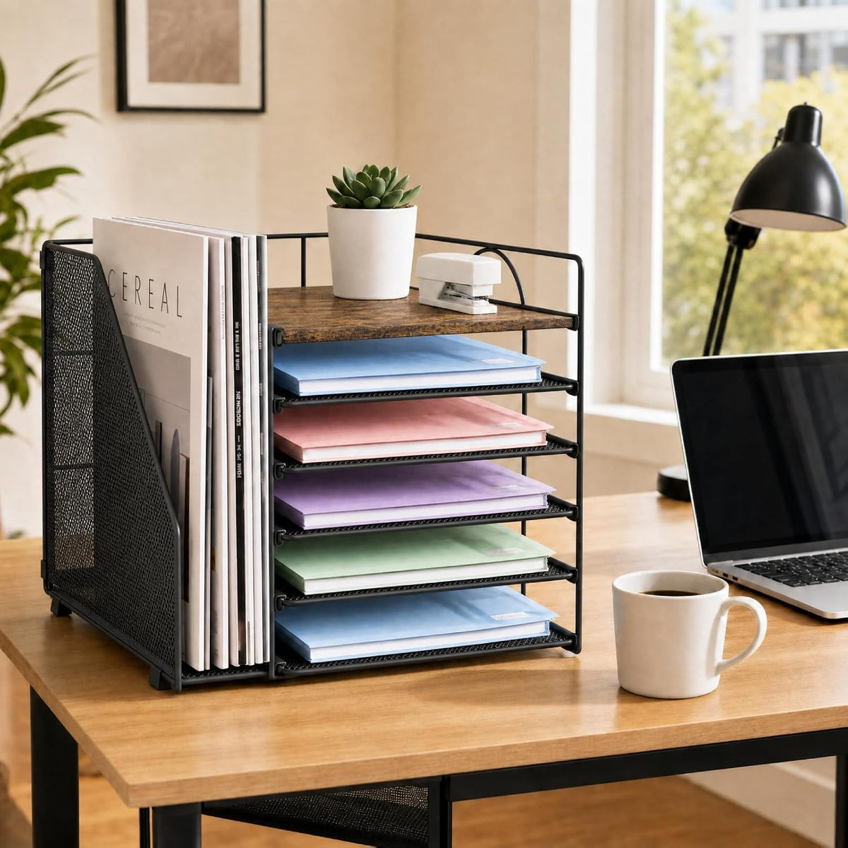 LEKETREE Desk Organizers and Accessories, 5-Tier Paper Letter Tray Organizer with File Holder, Desktop Organizer for Office Supplies (Black)