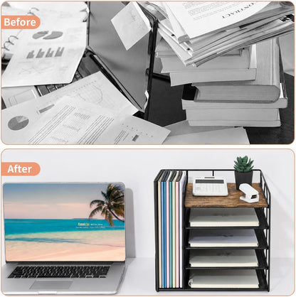 LEKETREE Desk Organizers and Accessories, 5-Tier Paper Letter Tray Organizer with File Holder, Desktop Organizer for Office Supplies (Black)