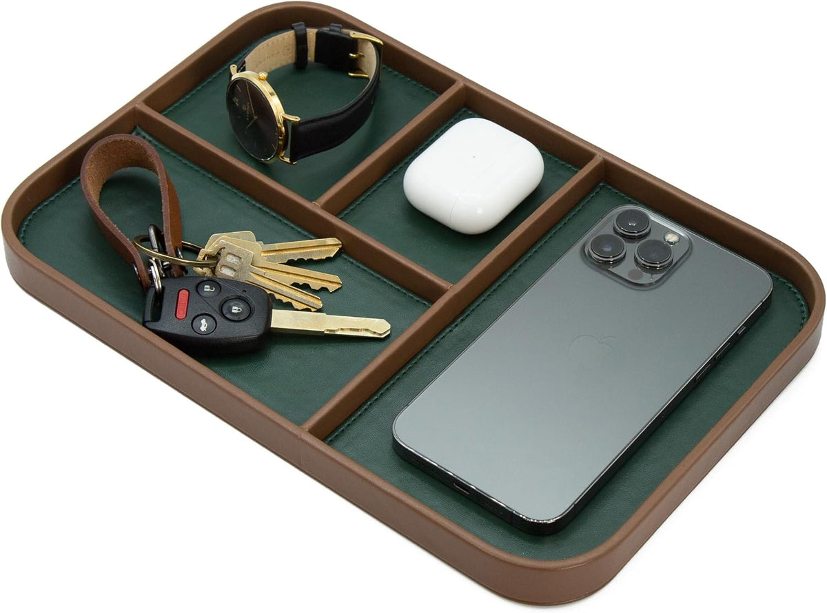 Leather Catchall Multitray (Design 3) - 11.65 x 7.75 x 0.8, Nightstand Entryway Bedside Dump Tray Valet Organizer for Keys Phone Wallet Watch Glasses Pens, Office Desk Accessory for Men, Green