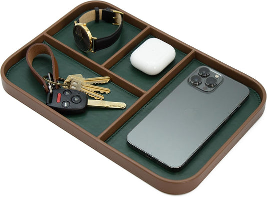 Leather Catchall Multitray (Design 3) - 11.65 x 7.75 x 0.8, Nightstand Entryway Bedside Dump Tray Valet Organizer for Keys Phone Wallet Watch Glasses Pens, Office Desk Accessory for Men, Green