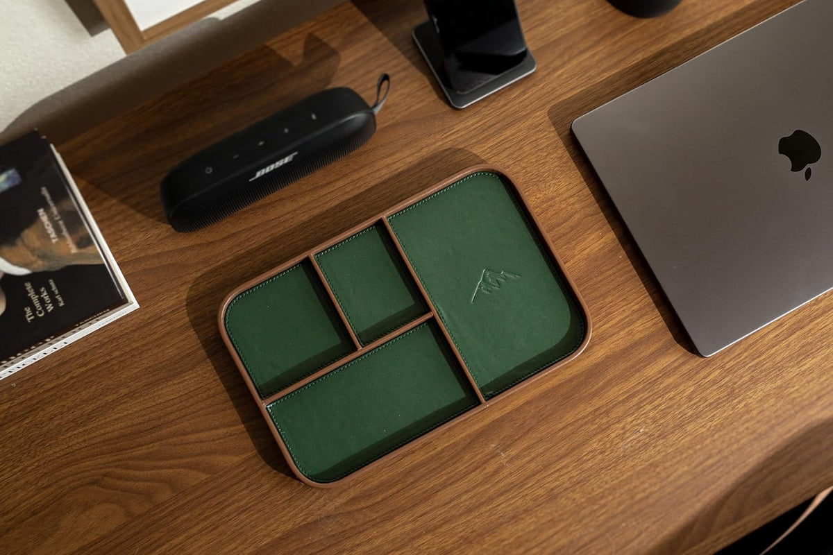 Leather Catchall Multitray (Design 3) - 11.65 x 7.75 x 0.8, Nightstand Entryway Bedside Dump Tray Valet Organizer for Keys Phone Wallet Watch Glasses Pens, Office Desk Accessory for Men, Green