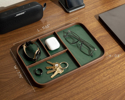 Leather Catchall Multitray (Design 3) - 11.65 x 7.75 x 0.8, Nightstand Entryway Bedside Dump Tray Valet Organizer for Keys Phone Wallet Watch Glasses Pens, Office Desk Accessory for Men, Green