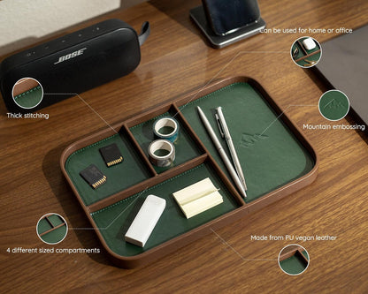 Leather Catchall Multitray (Design 3) - 11.65 x 7.75 x 0.8, Nightstand Entryway Bedside Dump Tray Valet Organizer for Keys Phone Wallet Watch Glasses Pens, Office Desk Accessory for Men, Green