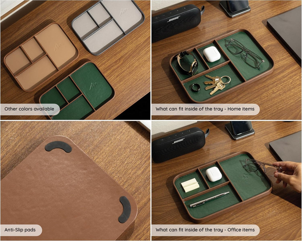 Leather Catchall Multitray (Design 3) - 11.65 x 7.75 x 0.8, Nightstand Entryway Bedside Dump Tray Valet Organizer for Keys Phone Wallet Watch Glasses Pens, Office Desk Accessory for Men, Green