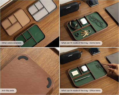 Leather Catchall Multitray (Design 3) - 11.65 x 7.75 x 0.8, Nightstand Entryway Bedside Dump Tray Valet Organizer for Keys Phone Wallet Watch Glasses Pens, Office Desk Accessory for Men, Green