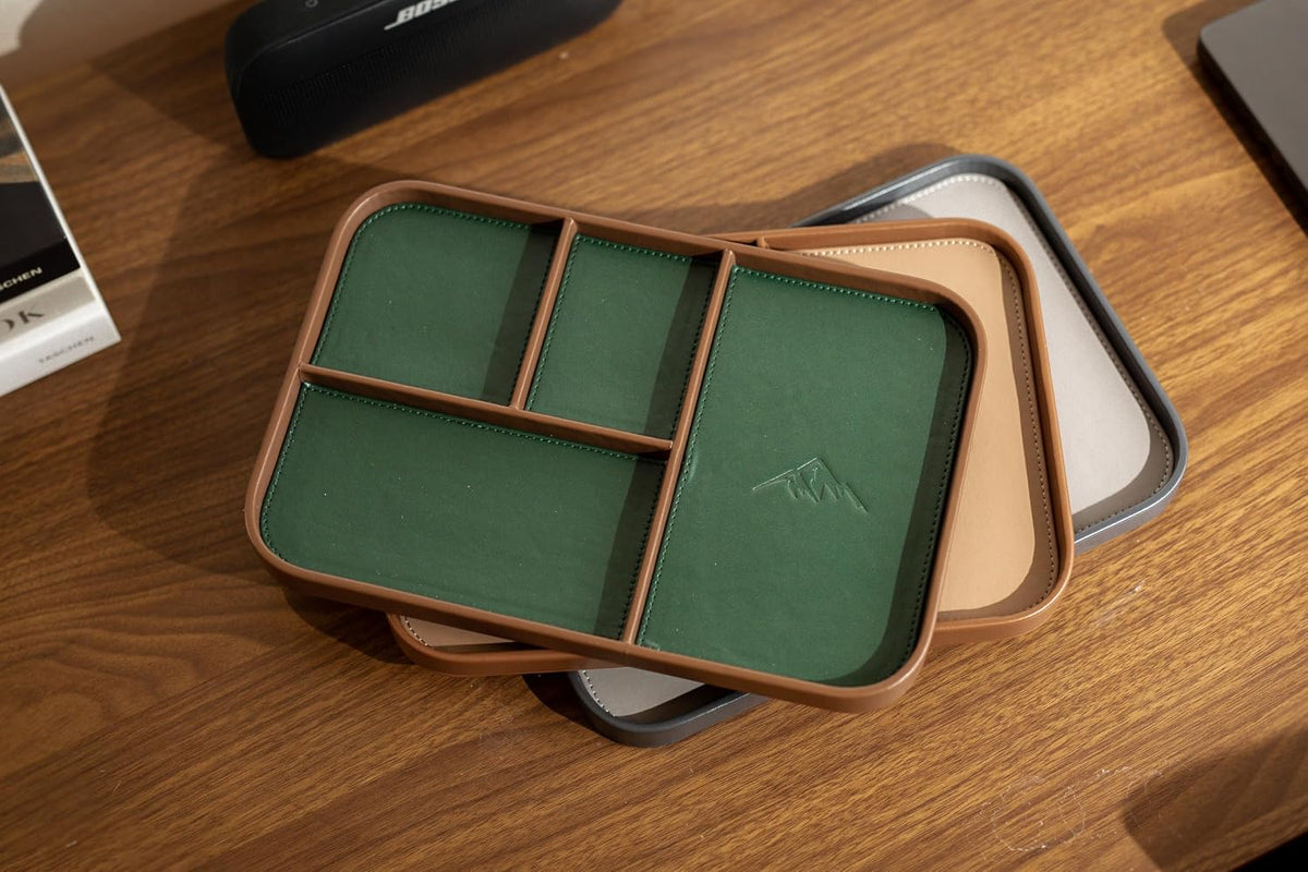 Leather Catchall Multitray (Design 3) - 11.65 x 7.75 x 0.8, Nightstand Entryway Bedside Dump Tray Valet Organizer for Keys Phone Wallet Watch Glasses Pens, Office Desk Accessory for Men, Green