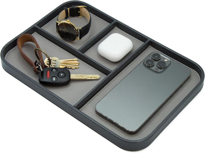 Leather Catchall Multitray (Design 3) - 11.65 x 7.75 x 0.8, Nightstand Entryway Bedside Dump Tray Valet Organizer for Keys Phone Wallet Watch Glasses Pens, Office Desk Accessory for Men, Green