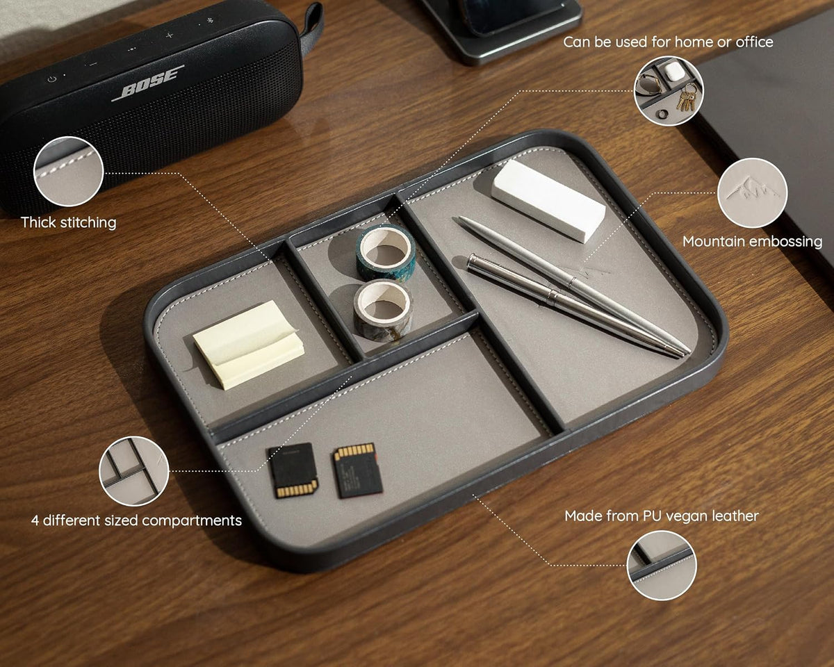 Leather Catchall Multitray (Design 3) - 11.65 x 7.75 x 0.8, Nightstand Entryway Bedside Dump Tray Valet Organizer for Keys Phone Wallet Watch Glasses Pens, Office Desk Accessory for Men, Green