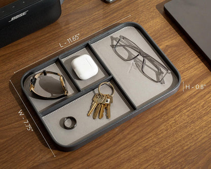 Leather Catchall Multitray (Design 3) - 11.65 x 7.75 x 0.8, Nightstand Entryway Bedside Dump Tray Valet Organizer for Keys Phone Wallet Watch Glasses Pens, Office Desk Accessory for Men, Green