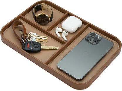 Leather Catchall Multitray (Design 3) - 11.65 x 7.75 x 0.8, Nightstand Entryway Bedside Dump Tray Valet Organizer for Keys Phone Wallet Watch Glasses Pens, Office Desk Accessory for Men, Green