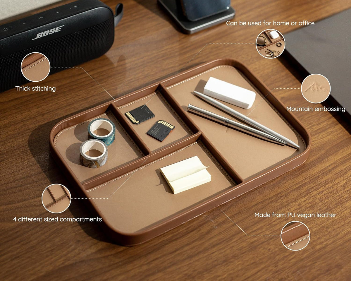 Leather Catchall Multitray (Design 3) - 11.65 x 7.75 x 0.8, Nightstand Entryway Bedside Dump Tray Valet Organizer for Keys Phone Wallet Watch Glasses Pens, Office Desk Accessory for Men, Green
