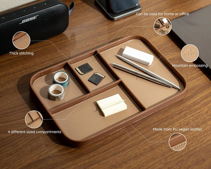Leather Catchall Multitray (Design 3) - 11.65 x 7.75 x 0.8, Nightstand Entryway Bedside Dump Tray Valet Organizer for Keys Phone Wallet Watch Glasses Pens, Office Desk Accessory for Men, Green