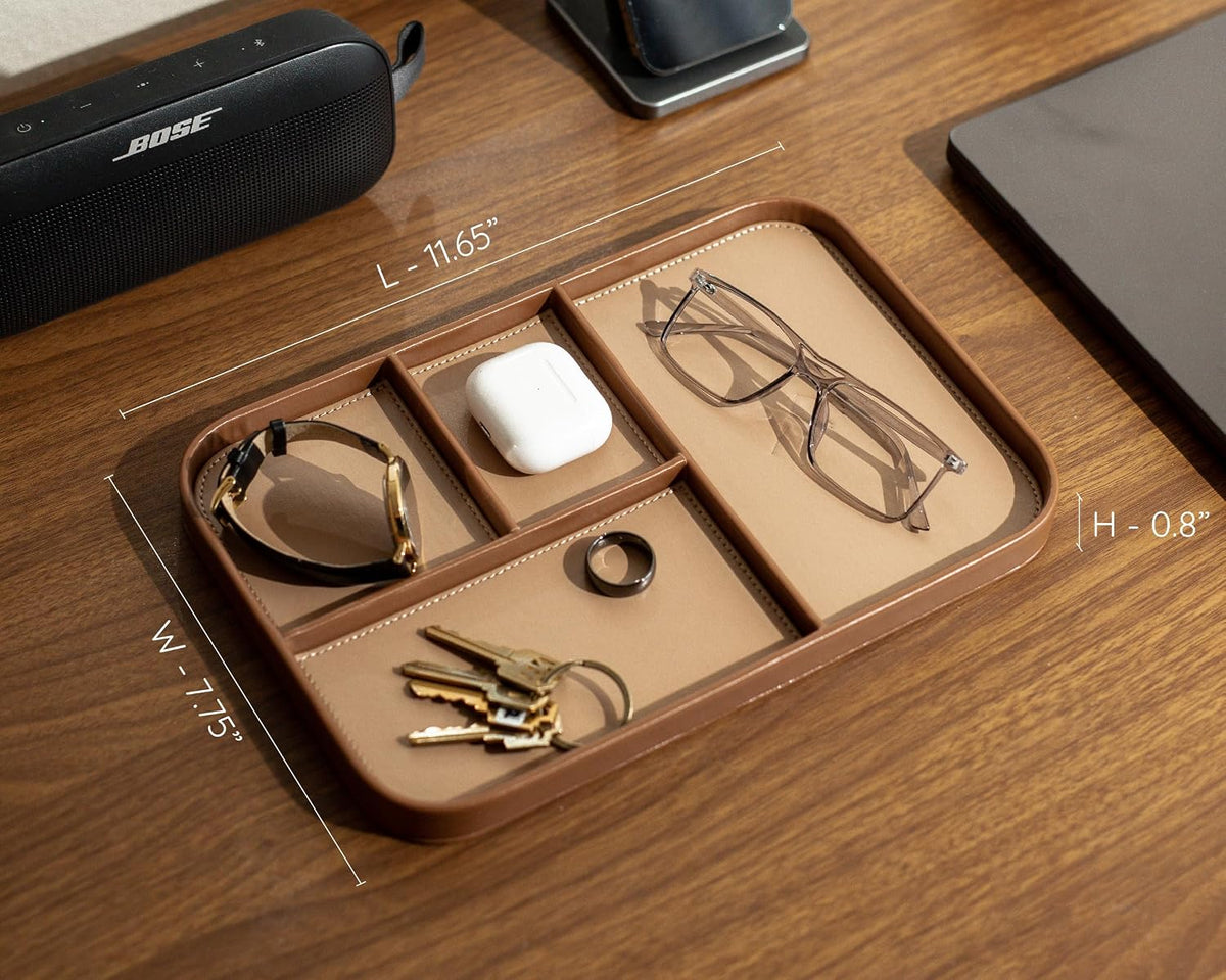 Leather Catchall Multitray (Design 3) - 11.65 x 7.75 x 0.8, Nightstand Entryway Bedside Dump Tray Valet Organizer for Keys Phone Wallet Watch Glasses Pens, Office Desk Accessory for Men, Green