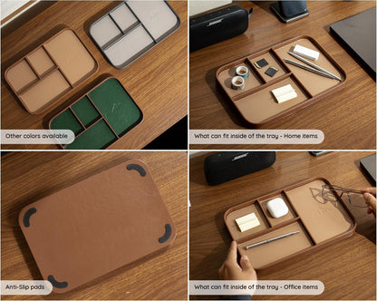 Leather Catchall Multitray (Design 3) - 11.65 x 7.75 x 0.8, Nightstand Entryway Bedside Dump Tray Valet Organizer for Keys Phone Wallet Watch Glasses Pens, Office Desk Accessory for Men, Green