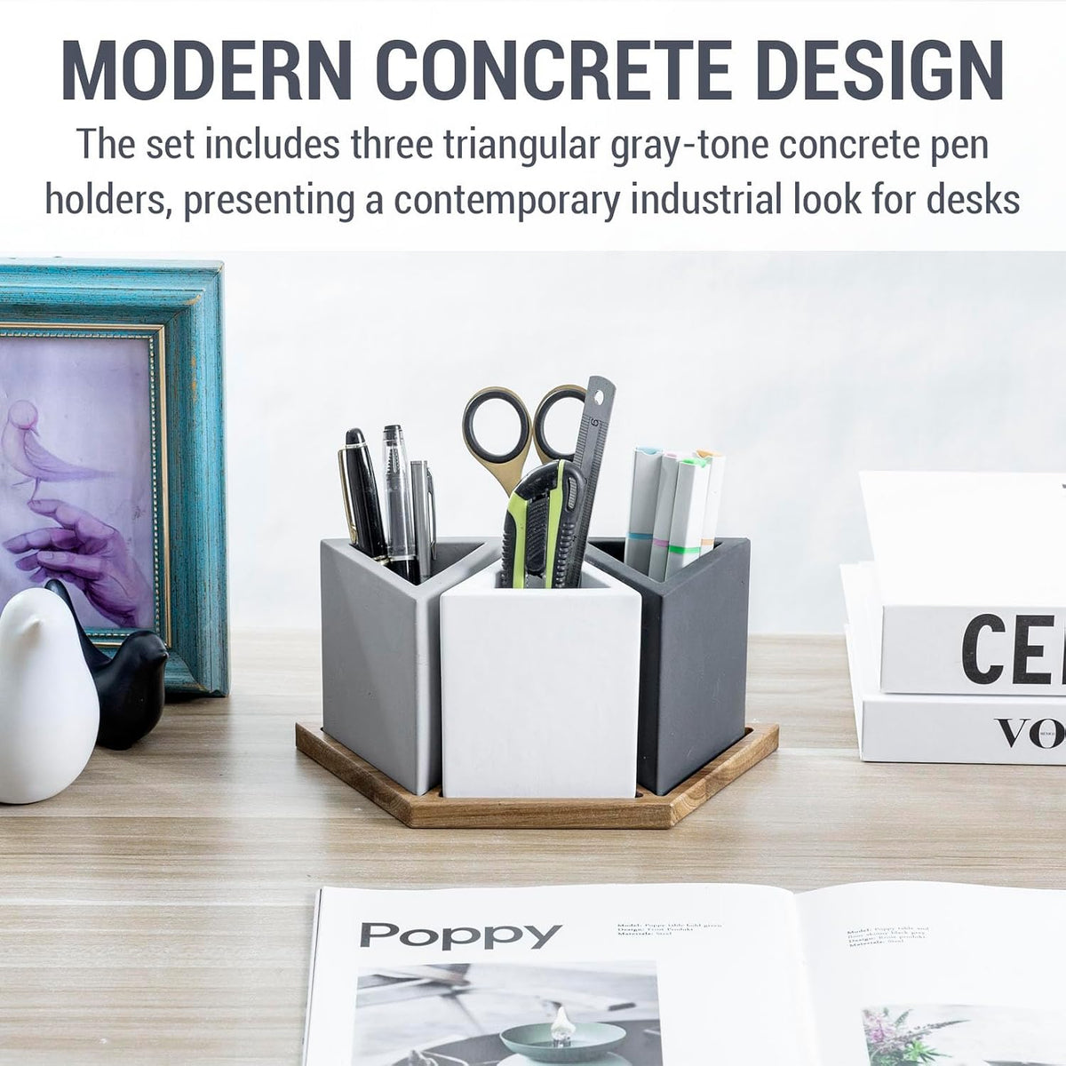 MyGift Pen Holder Pencil Holder For Desk,Pen Cup Holder For Desk,Concrete Desktop Pencil Cup,Modern Gray-Tone,Set of 3