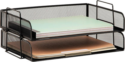 Stackable Paper Tray, Desktop Organizer, File Storage, Office, Metal Mesh, 2 Pcs., Black