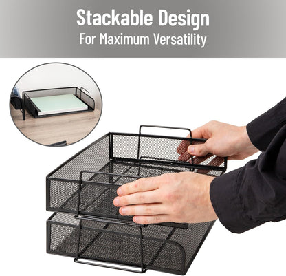 Stackable Paper Tray, Desktop Organizer, File Storage, Office, Metal Mesh, 2 Pcs., Black