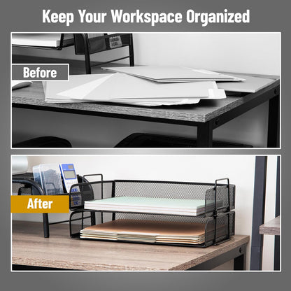 Stackable Paper Tray, Desktop Organizer, File Storage, Office, Metal Mesh, 2 Pcs., Black